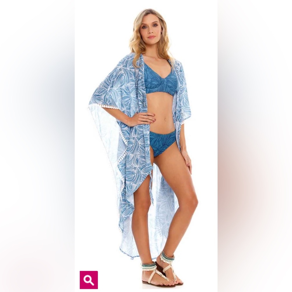 Cosita Linda Ocean Wave Blue Jewel Embroidered Long Kimono Beach Coverup Size M